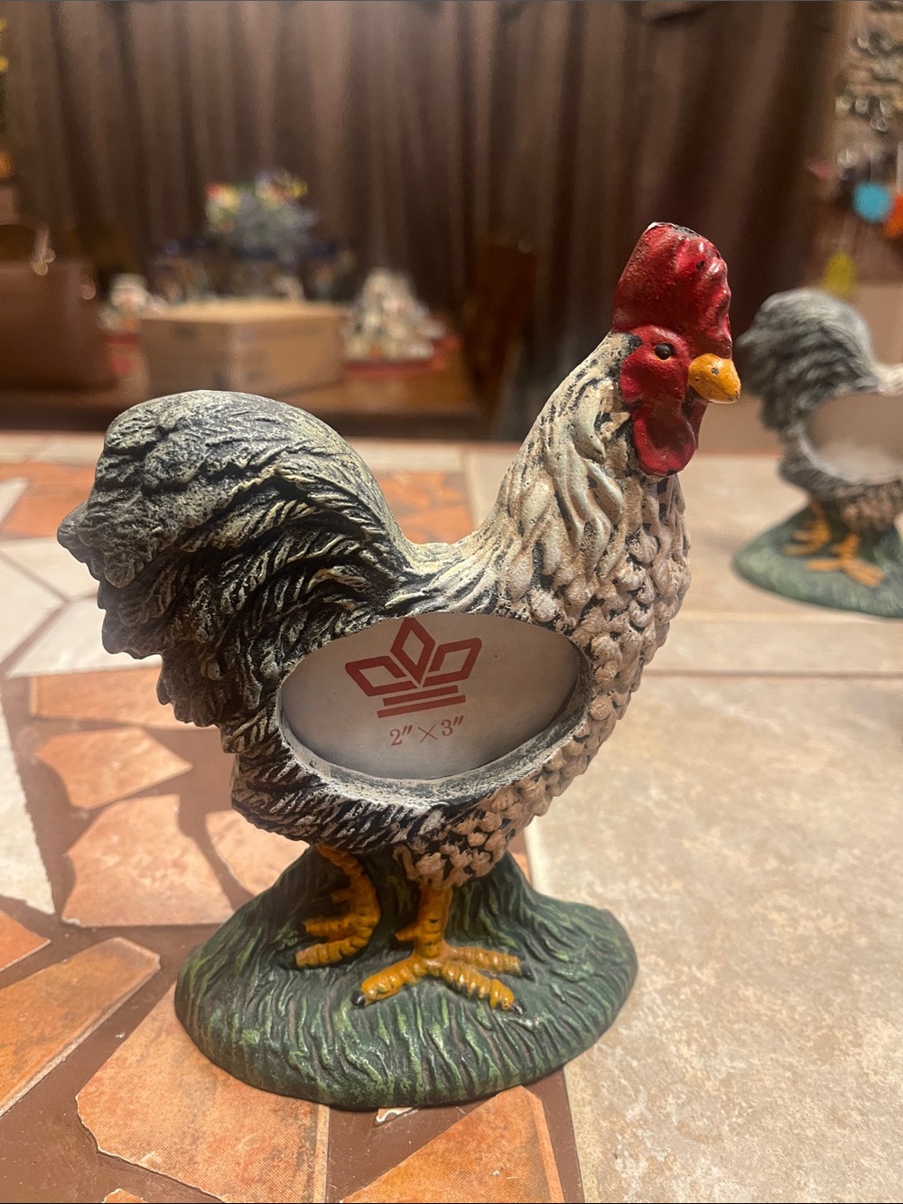 Cast Iron Rooster/Hen Photo Frame Figurine in Cream, Black and Red